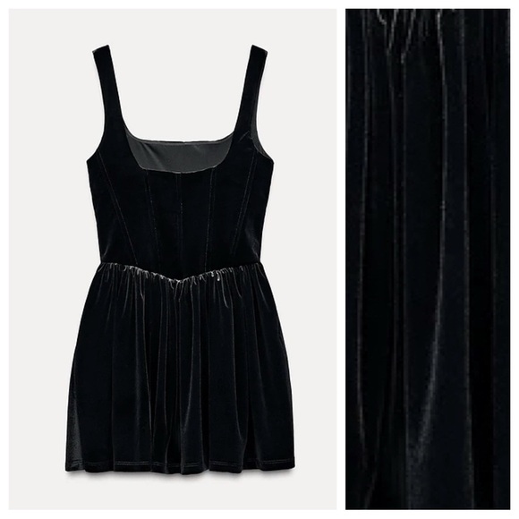 NWT. Zara Black Velvet Corset Short Dress with Square Neckline. Size XS. - Picture 6 of 10